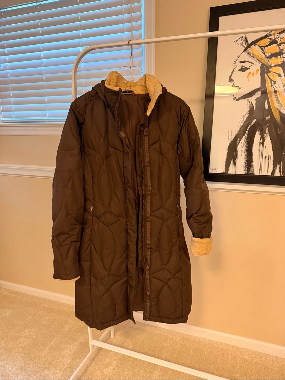 Women's Long Quilted Puffer Coat with Sherpa Trim - Brown